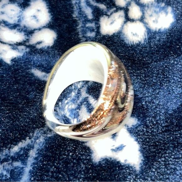 Rare Murano Style Glass Swirls Ring Gold White Black - Picture 4 of 8